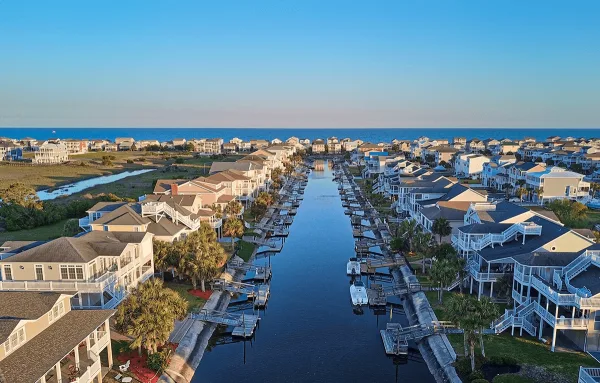 Waterfront homes and boat docks along a canal at Ocean Isle Beach, North Carolina